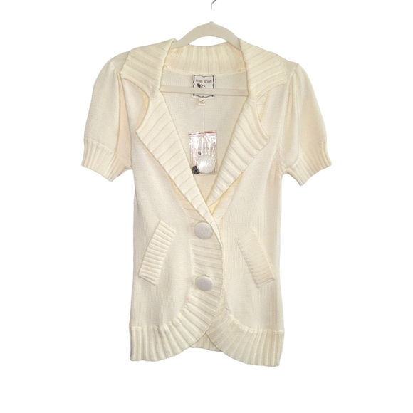 NEW Pink Rose Short Sleeve Button-Up Cardigan Sweater Women's Size M Ivory - Picture 1 of 9